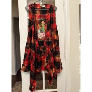 Savanna Jane Plaid Bleached Fringe Vest Cactus Embroidered Boho Western small